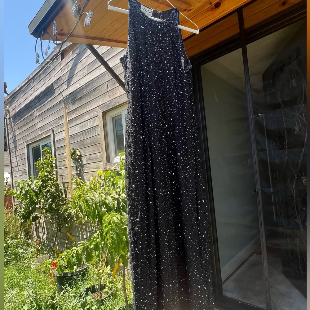 Black Hand-Beaded Silk Formal Dress. Size Large. Brand JMD.